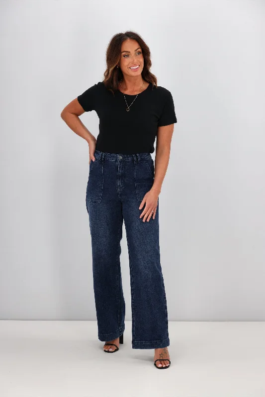 Shine On Label Noah Wide Leg Patch Pocket Jeans Indigo