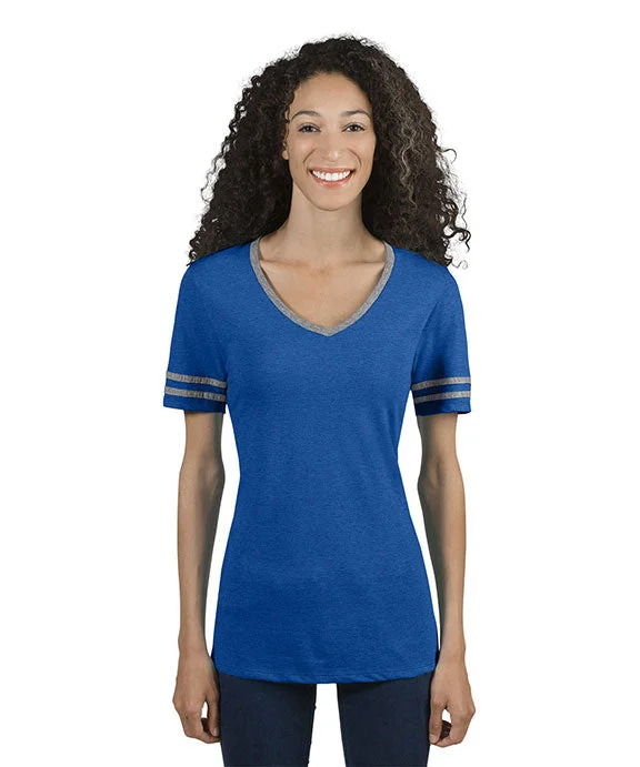 602WVR - Jerzees Ladies Tri-Blend Varsity V-Neck T-Shirt | True Blue Heather/Oxford