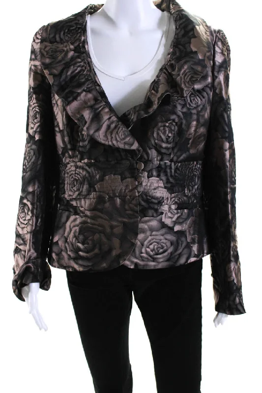 Armani Collezioni Womens Floral Button Up Blazer Jacket Beige Black