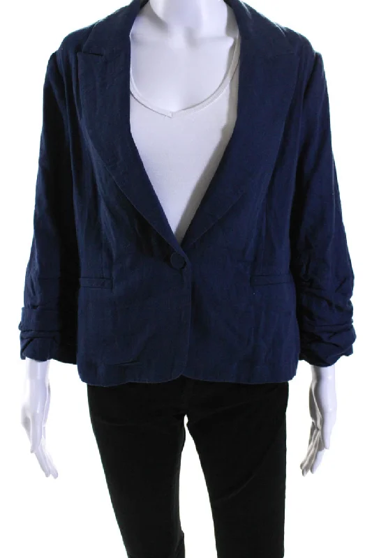 Drew Womens Woven Unlined Peak Lapel Blazer Jacket Navy Blue Cotton