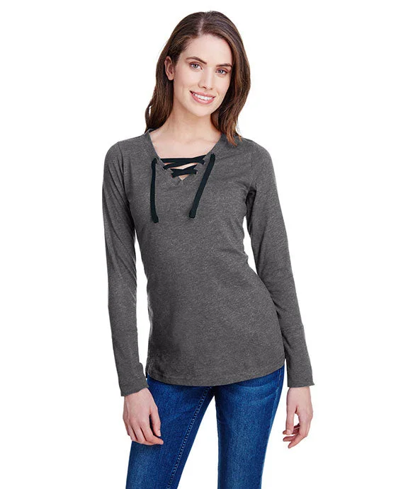 LA3538 - LAT Ladies Long Sleeve Fine Jersey Lace-Up T-Shirt | Vintage Smoke/Black