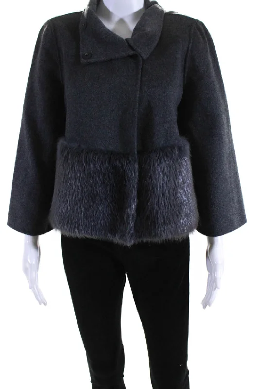 Pologeorgis Womens Beaver Fur Trim Collared Snap Jacket Gray