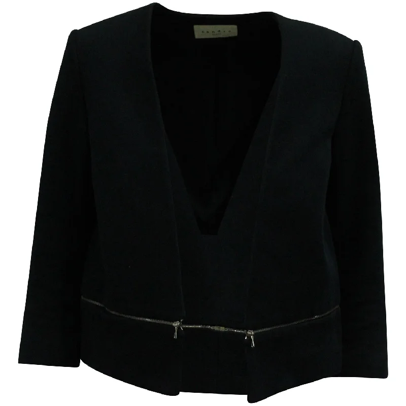 Sandro Paris Elbow-length Sleeves Zipper-trim Jacket in Black Wool