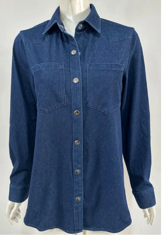 Denim Blue Knit Long Sleeve Women's Snap Up Shirt