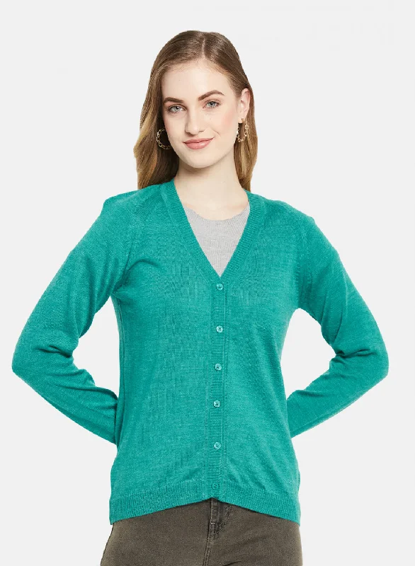 Women Aqua Green Solid Cardigan