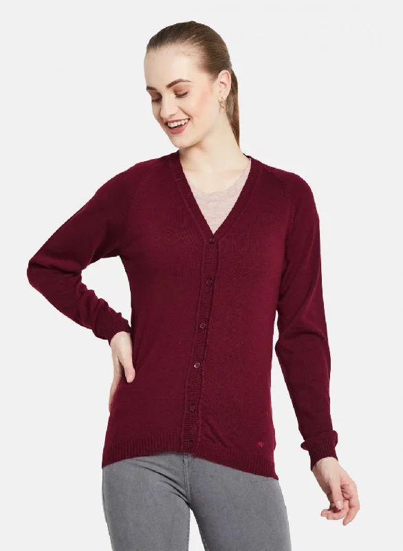 Women Dark Maroon Solid Cardigan