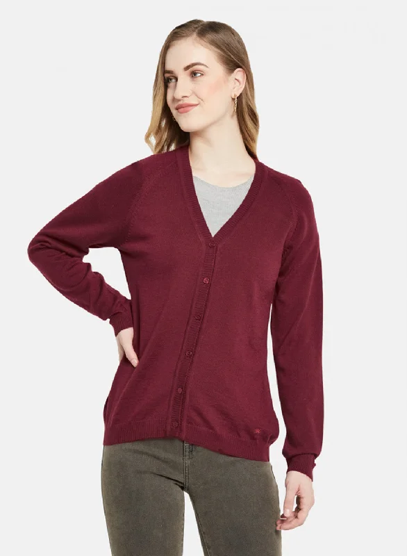 Women Maroon Solid Cardigan