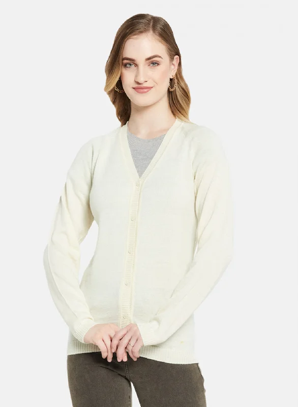 Women Off White Solid Cardigan