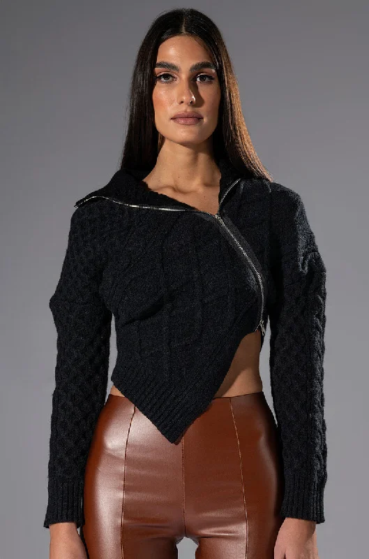 REBELLING CABLEKNIT ASYMMETRICAL ZIPPER SWEATER