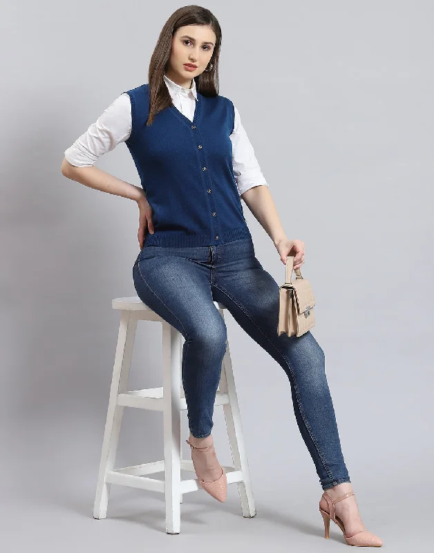 Women Blue Solid V Neck Sleeveless Cardigan