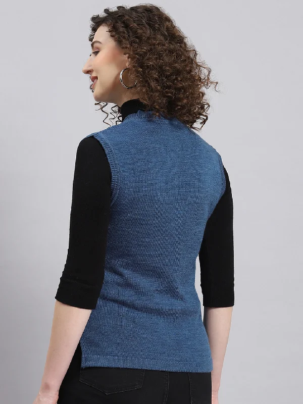 Women Blue Solid V Neck Sleeveless Cardigan