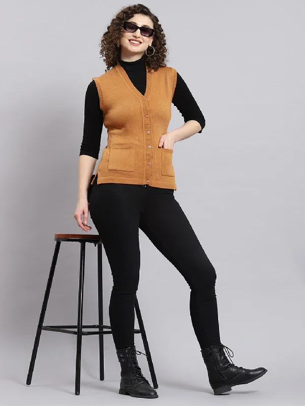 Women Brown Solid V Neck Sleeveless Cardigan