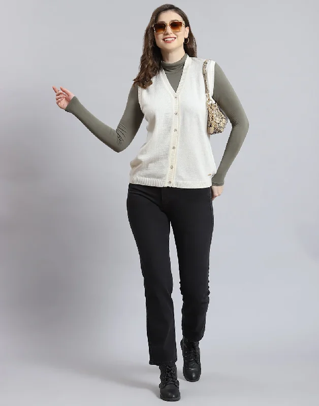 Women Cream Solid V Neck Sleeveless Cardigan