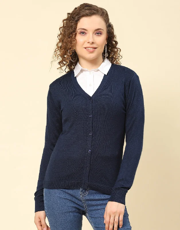 Women Navy Blue Solid V Neck Full Sleeve Cardigan