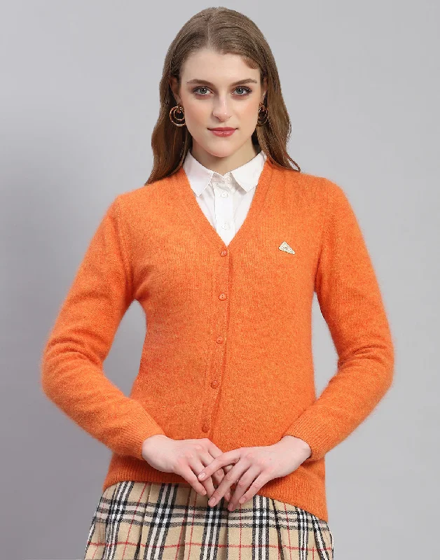 Women Orange Solid V Neck Full Sleeve Cardigan