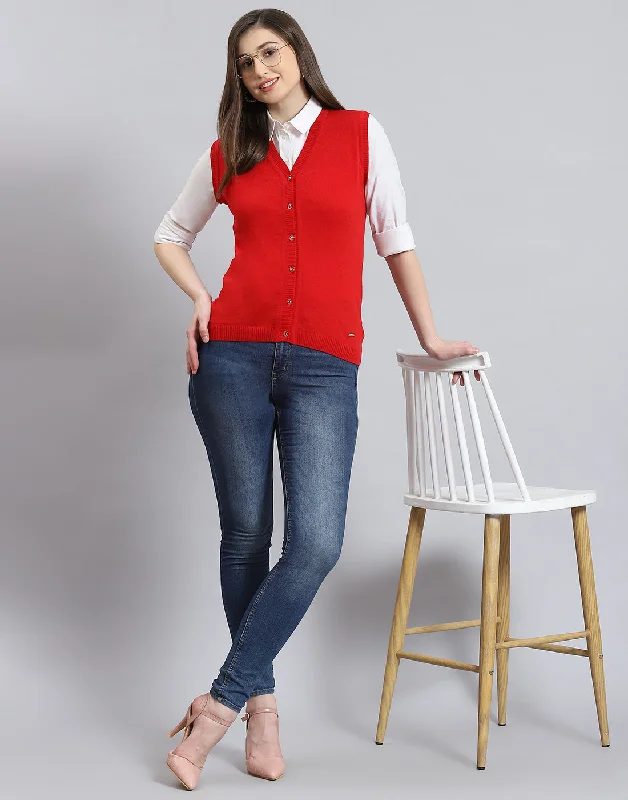 Women Red Solid V Neck Sleeveless Cardigan