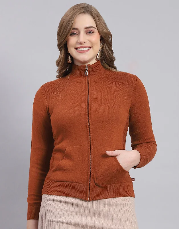 Women Rust Solid Stand Collar Full Sleeve Cardigan