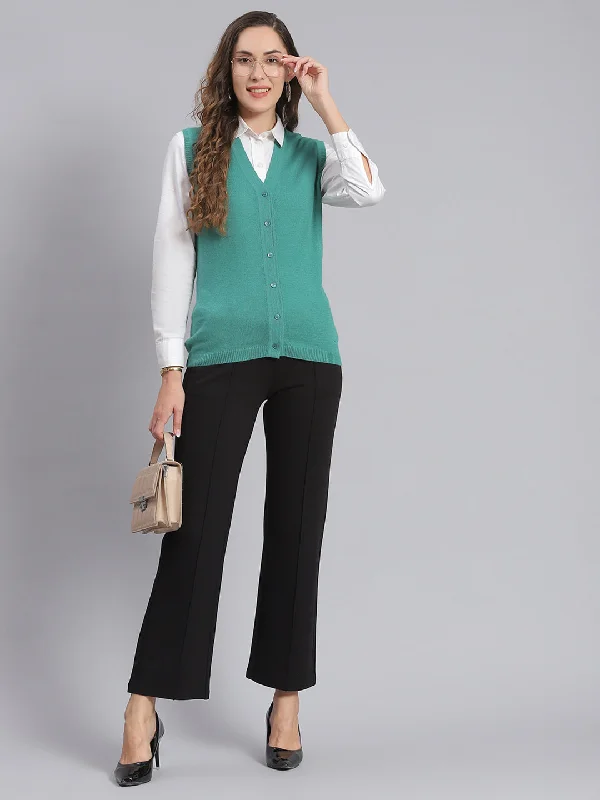 Women Teal Blue Solid V Neck Sleeveless Cardigans