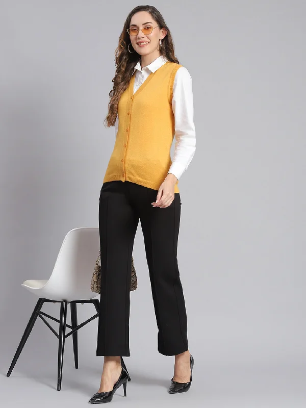 Women Yellow Solid V Neck Sleeveless Cardigans