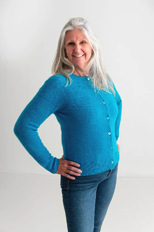 Womens Geelong Superfine Lambswool Gansey Cardigan - Turquoise