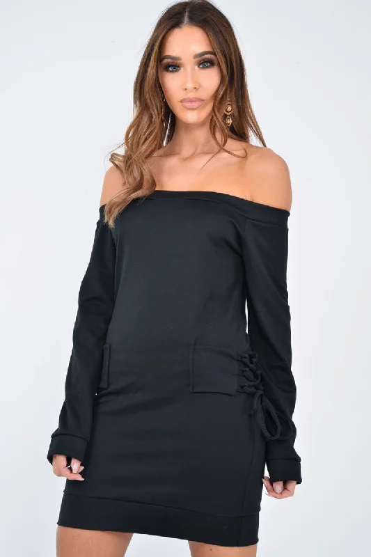 Black Lace Up Detail Bardot Jumper Dress - Aarna