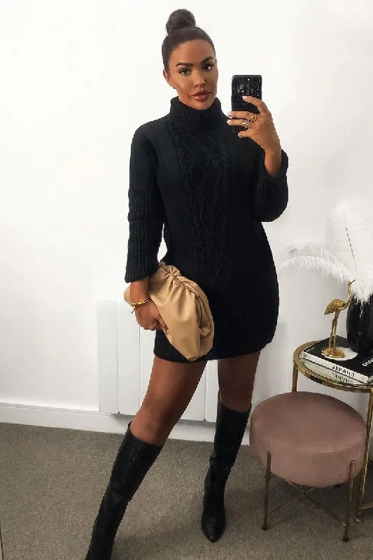 Black Oversized Knitted Turtle Neck Jumper Dress - Freyah