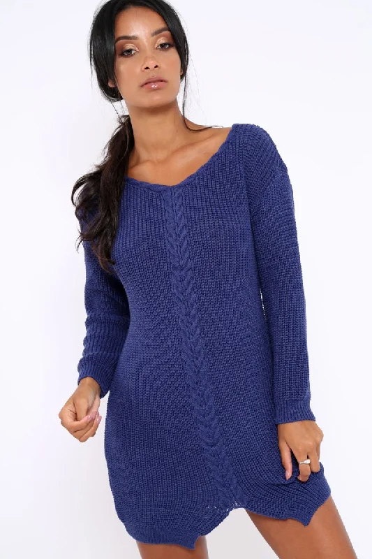 Blue Jumper Dress with Twist Knit Detail - Antonia