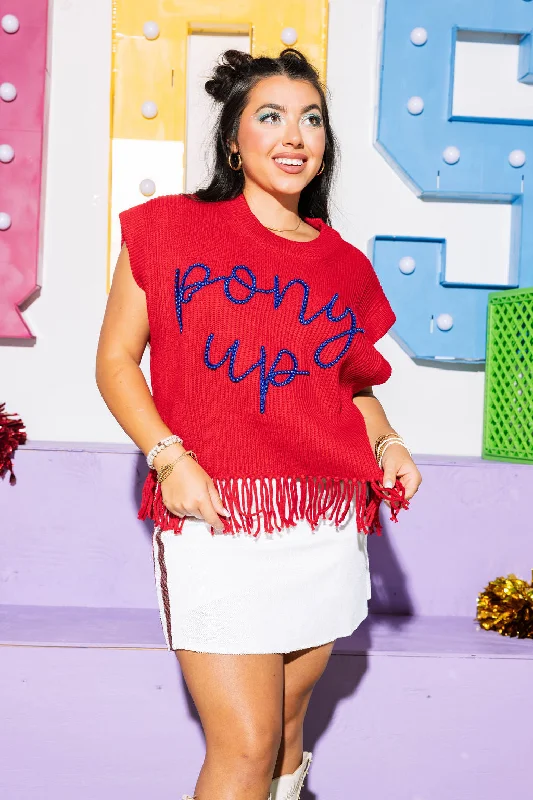 Licensed-Red & Royal 'Pony Up' Fringe Sweater Vest