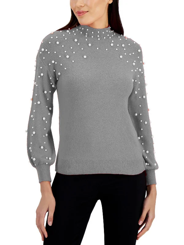 Pearl Womens Embellished Pullover Mock Turtleneck Sweater