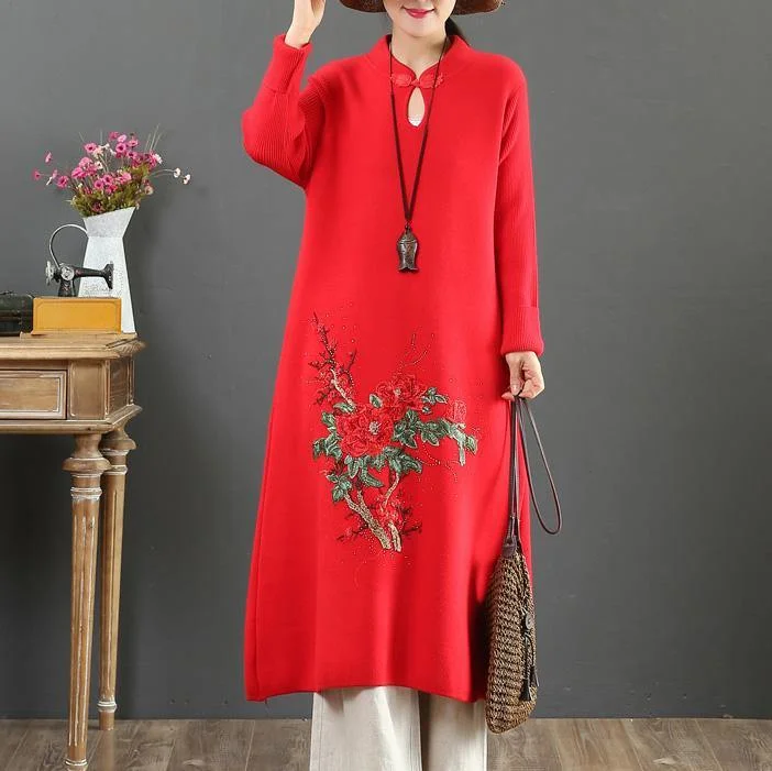 Pullover stand collar Sweater embroidery dresses Refashion red tunic knitwear