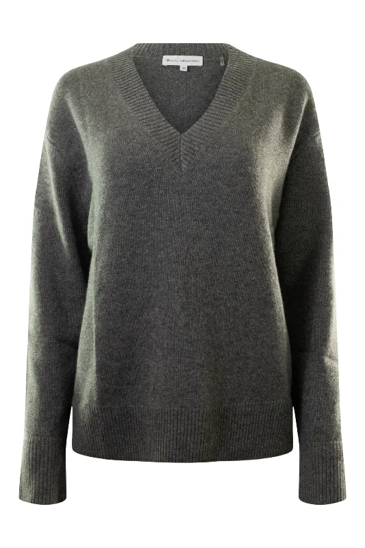 White & Warren Cashmere Vneck Sweater in Graphite Heather